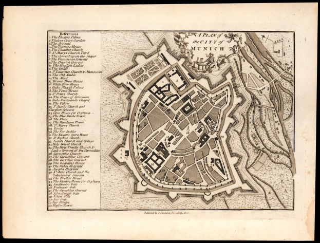 Alte Karte von München, Deutschland, mit Straßen, Gebäuden und Sehenswürdigkeiten auf schwarzem Hintergrund.
