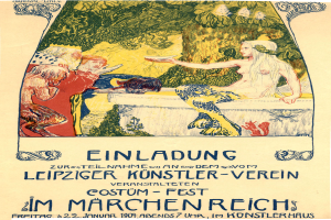 Ein Plakat, das ein Festival in München ankündigt, mit einem Gemälde einer Frau mit einem menschlichen Gesicht, umgeben von Menschen und Bäumen, mit Text.