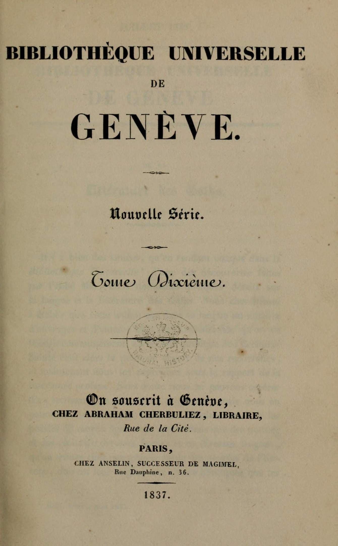 Altes Buch mit dem Titel 'Bibliothèque Universelle de Geneve' zeigt Text im Innern.