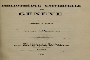Altes Buch mit dem Titel 'Bibliothèque Universelle de Geneve' zeigt Text im Innern.