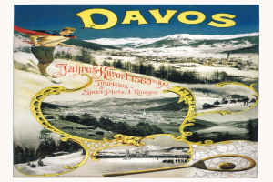 Ein Vintage-Plakat wirbt für das Skigebiet Davos in der Schweiz, das einen Skifahrer im Vordergrund und Bäume, Häuser und Berge im Hintergrund zeigt, zusammen mit beschreibendem Text.