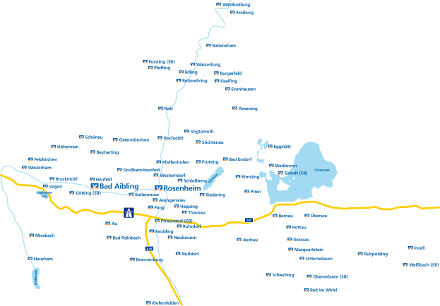 Eine Karte von Bad Aibling, Deutschland, die eine Route mit markierten und beschriebenen Sehenswürdigkeiten zeigt.