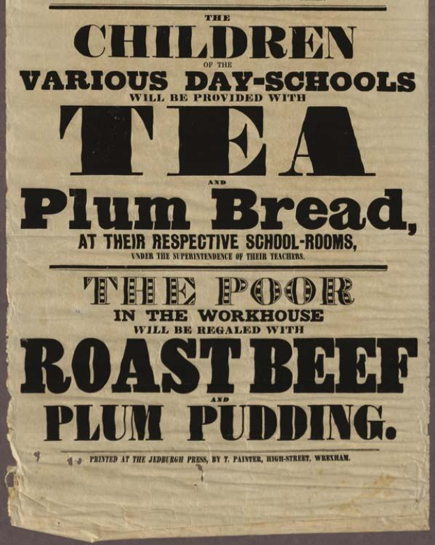 Ein Blatt Papier mit der Aufschrift "Die Kinder der verschiedenen Tagesschulen erhalten Tee, Pflaumenbrot und Rindfleisch sowie Pflaumenpudding"