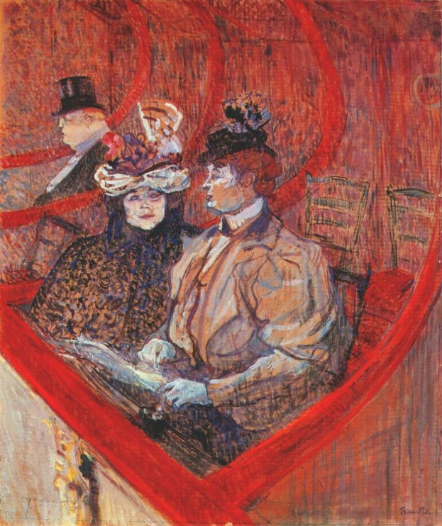 Gemälde mit dem Titel "Die Oper" von Edouard Manet, das zwei formell gekleidete Personen an einem Tisch in einem Raum mit gemustertem Tapetenmuster und einer Stadtpanoramansicht zeigt, während eine weitere Person im Hintergrund steht.