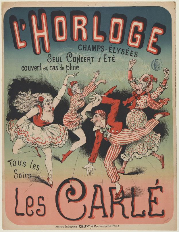 Ein farbenfrohes Konzertplakat für ein Event im Chorlage in Paris, das eine Gruppe von fröhlichen Menschen in bunten Kostümen zeigt, die auf einem hellgelben Hintergrund tanzen.