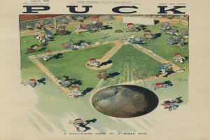 Alter Buchumschlag mit einer 1913er Puck Magazine-Cartoon-Illustration eines Baseballspiels mit Spielern und einem Ball auf dem Feld.