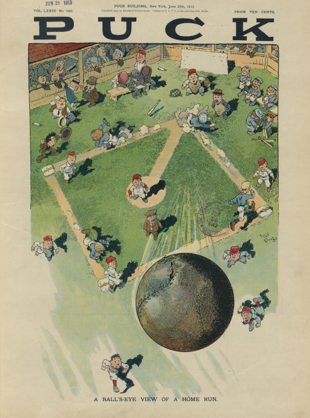 Alter Buchumschlag mit einer 1913er Puck Magazine-Cartoon-Illustration eines Baseballspiels mit Spielern und einem Ball auf dem Feld.