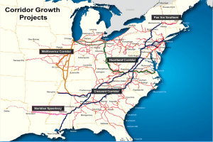 Ein Plakat mit einem detaillierten Kartenausschnitt der Vereinigten Staaten, der Straßen und Highways hervorhebt und den Titel "Corridor Growth Projects" in fetter, schwarzer, zentrierter Schrift auf einem hellblauen Hintergrund trägt.