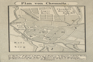 Ein detaillierter Papierstadtplan von Chemnitz, Deutschland, der Straßen, Gebäude und Sehenswürdigkeiten zeigt.