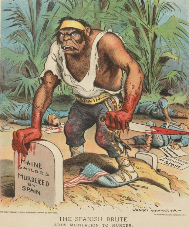 Cartoon mit einem Mann, der ein Messer über ein Grab mit Text hält, umgeben von liegenden Gestalten und Bäumen, mit der Bildunterschrift "Der spanische Barbar fügt Verstümmelung dem Mord hinzu" unten.