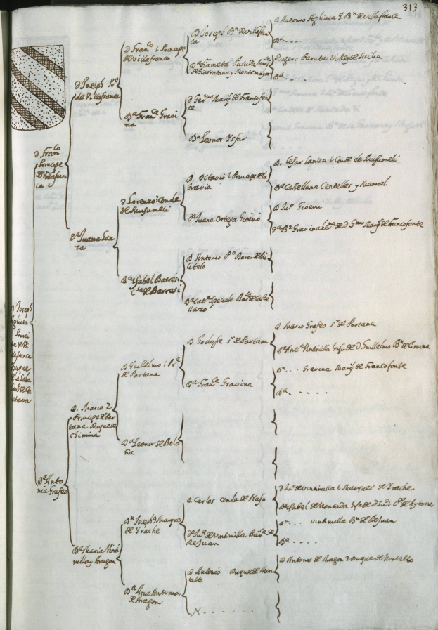 Ein aufgeschlagenes Buch mit einer Illustration eines Familienstammbaums mit Zweigen und Blättern, die Familienmitglieder darstellen, umgeben von Kursivtext und einem Schild-Logo mit einer Krone.