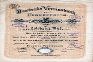 Altes deutsches Wertpapier der Deutschen Vereinsbank in Frankfurt, bedruckt auf Papier mit Text.
