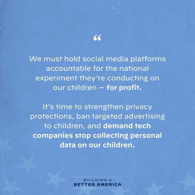 Plakat mit Zitat aus 'Building a Better America', das soziale Medienplattformen für Experimente an Kindern zur Gewinnmaximierung zur Rechenschaft ziehen will, verziert mit Sternen.