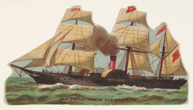 Ein altes transatlantisches Seitenraddampfschiff auf dem Wasser mit ein paar Menschen an Bord, mit Text am unteren Bildrand.