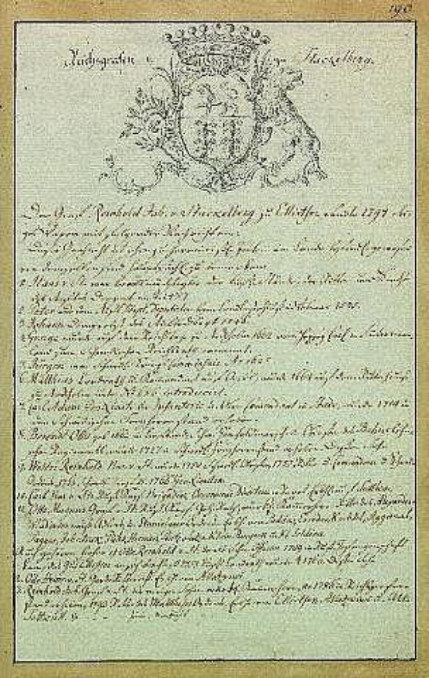Altes Dokument mit der Aufschrift "Johann Wolfgang von Goethes Wiener Vertrag, 1777" in einem goldenen Rahmen mit einem Wappen.