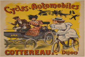 Ein Vintage-Plakat wirbt für Fahrräder und Automobile in Cottereau und Dijon, Frankreich, mit Menschen, die Fahrräder fahren und eine Kutsche, mit der Aufschrift "Fahrräder und Automobile" oben.