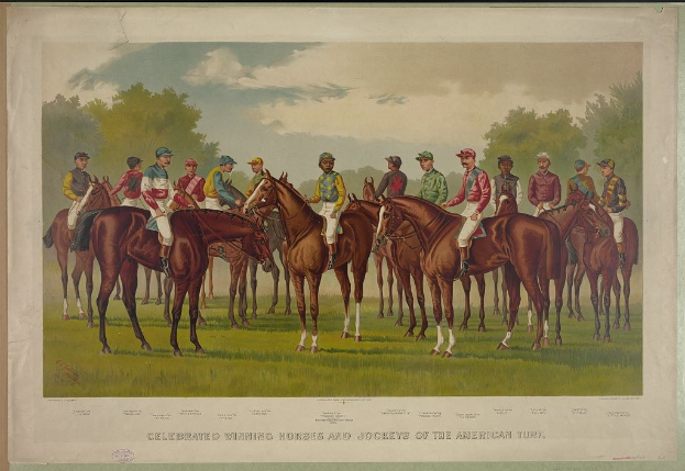 Gruppe von Menschen, die auf Pferden auf einem grünen Feld mit Bäumen und einem blauen Himmel reitet, Text unten lautet "Feiernder Siegerpferde und Jockeys der amerikanischen Wiese".