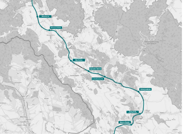 Blaue Linie auf einer Stadtkarte, die die Route eines Fahrradwegs mit Start- und Endpunkten anzeigt.