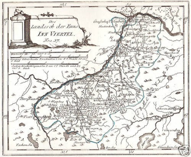 Plakat mit einer detaillierten Karte des Rheins in Deutschland, mit beschrifteten Sehenswürdigkeiten und geografischen Merkmalen sowie Text und Abbildung einer Säule.