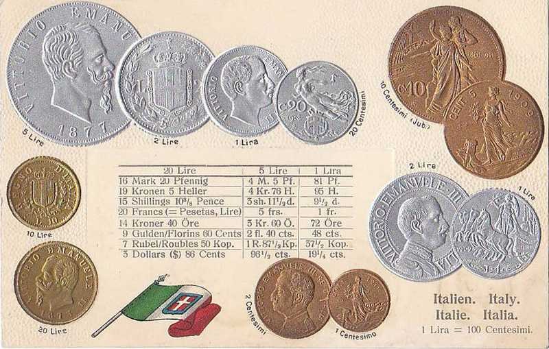 Eine Sammlung italienischer Münzen von 1877-1910, darunter 20-Lire-Münzen, in einer Reihe mit Text und Porträts angeordnet, begleitet von zwei Flaggen, darunter die italienische Flagge unten.
