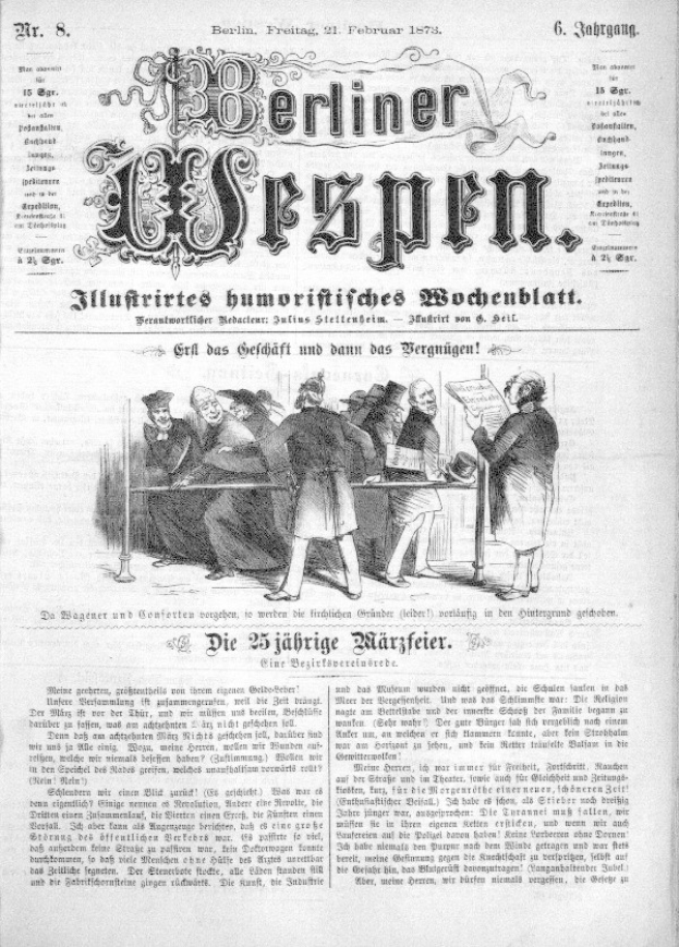 Eine alte Zeitung namens 'Berliner Wespen' vom 21. Februar 1873 mit einer Gruppe von Menschen in traditioneller deutscher Kleidung, die sich unterhalten.