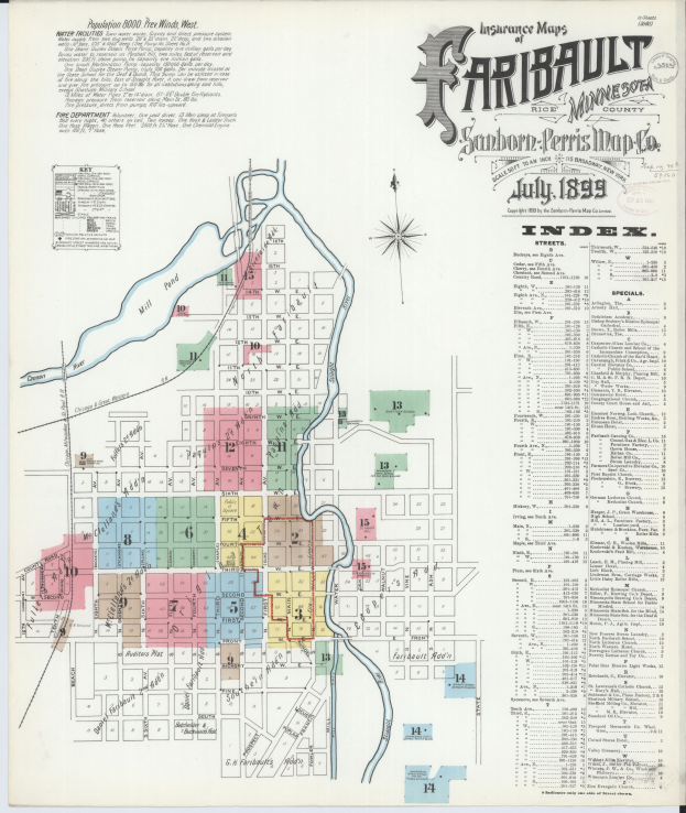 Ein detaillierter Stadtplan von Fairbault, Minnesota aus dem Juli 1899, der Straßen, Parks und Sehenswürdigkeiten mit Text und Zahlen zeigt.