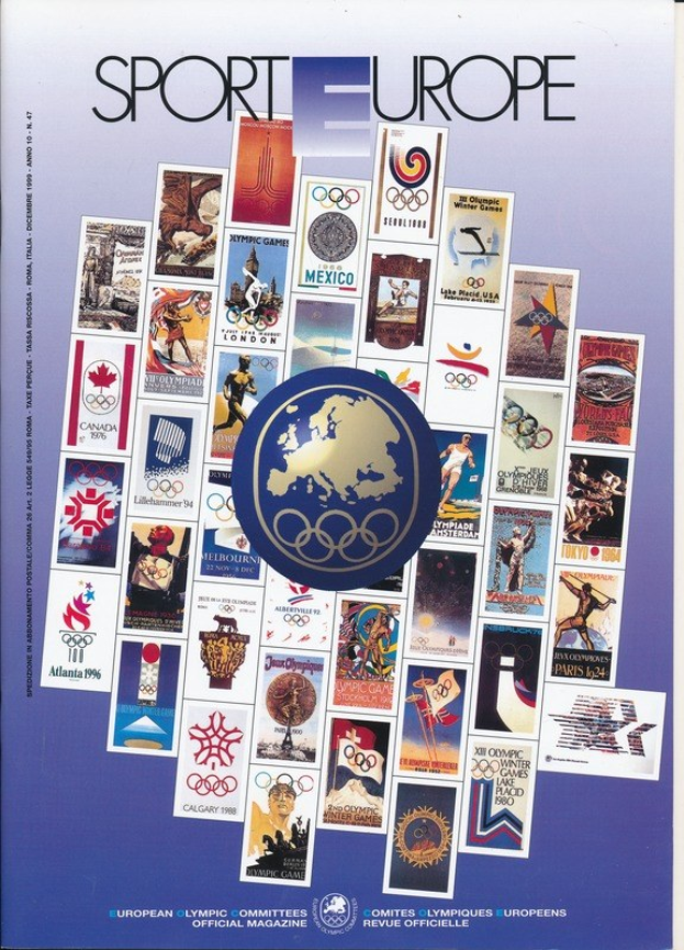 Ein Buchumschlag mit der Aufschrift "Sport in Europa" mit leuchtenden olympischen Bildern, Symbolen und Texten in Europa.