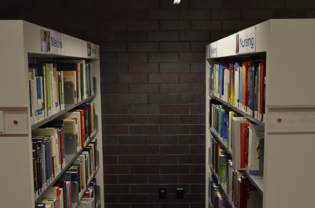 Eine gut organisierte Bibliothek mit hohen Backsteinwänden, die ordentlich mit Bücherregalen gefüllt sind, die von oben beleuchtet werden.