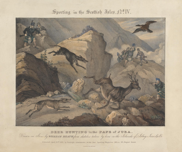 Eine Zeichnung einer Hirschjagdszene auf den schottischen Inseln, die Menschen, Tiere, Felsen, Pflanzen und einen fliegenden Vogel zeigt, mit Text am unteren Rand der Seite.