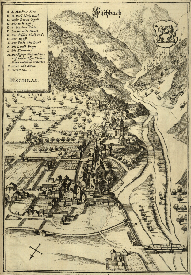 Ein altes Fischbach-Stadtplanbild mit Häusern, Bäumen, Hügeln und einem gewundenen Fluss sowie begleitendem Text.
