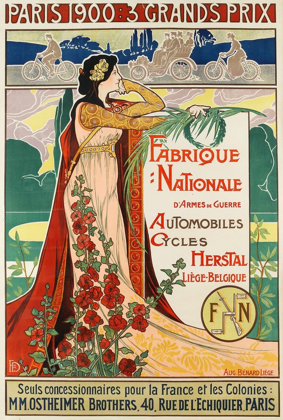 Plakat für ein Fahrradrennen in Paris, das eine Frau in rotem Kleid mit Blumen und Radfahrer im Hintergrund zeigt.