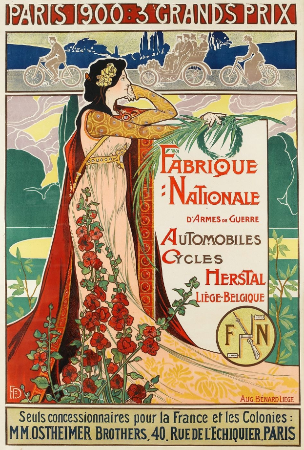 Plakat für ein Fahrradrennen in Paris, das eine Frau in rotem Kleid mit Blumen und Radfahrer im Hintergrund zeigt.