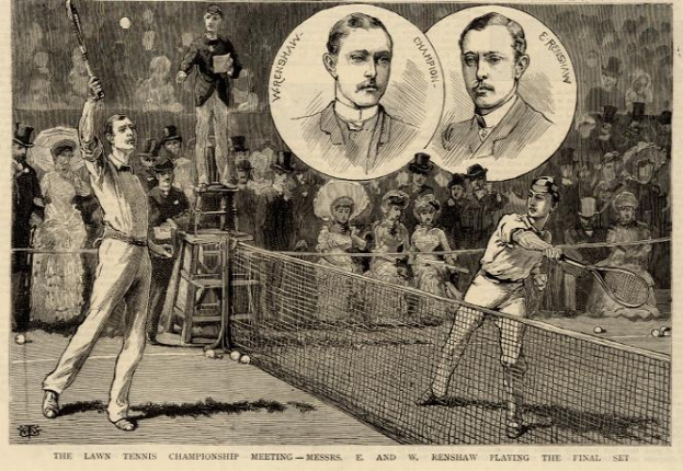 Eine Schwarz-Weiß-Zeichnung von zwei Männern, die auf einem Platz Tennis spielen, mit Zuschauern im Hintergrund und einem Text unten, der lautet: "The Lawn Tennis Championship Meeting - Messers, E und W Renshaw spielen das entscheidende Satz"