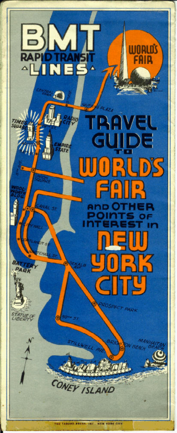 Ein Vintage-Plakat mit einer Karte der Weltausstellung New York 1964/65, auf dem Text über die Ausstellung und Attraktionen zu sehen ist.