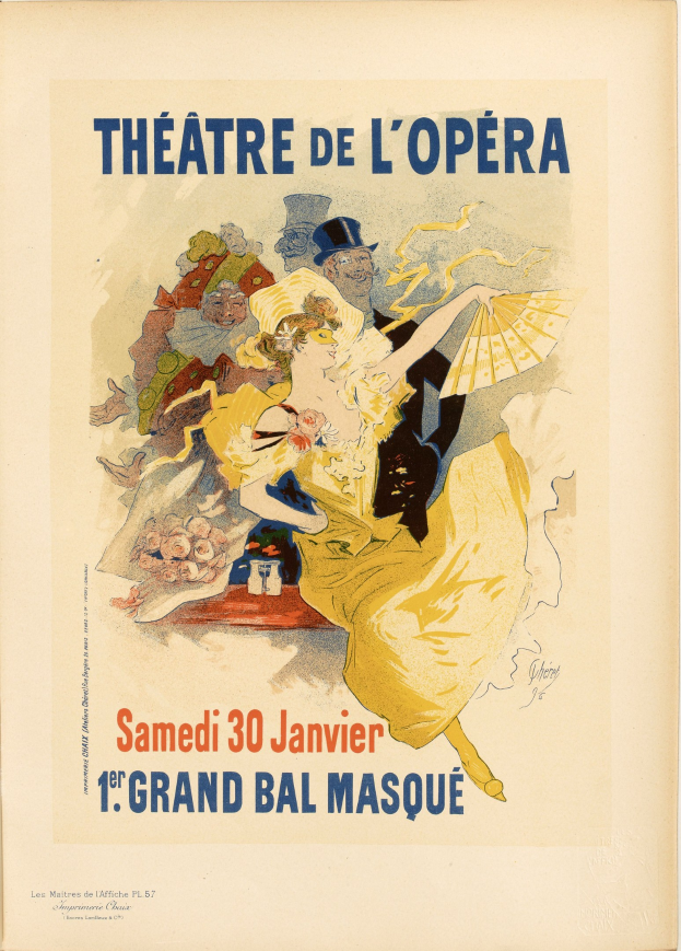 Plakat für das Théâtre de l'Opéra in Paris mit einer Frau in einem weißen Kleid mit einem blauen Schal, ihr Haar zu einem Dutt gebunden, vor einem tiefblauen Nachthimmel mit Sternen.