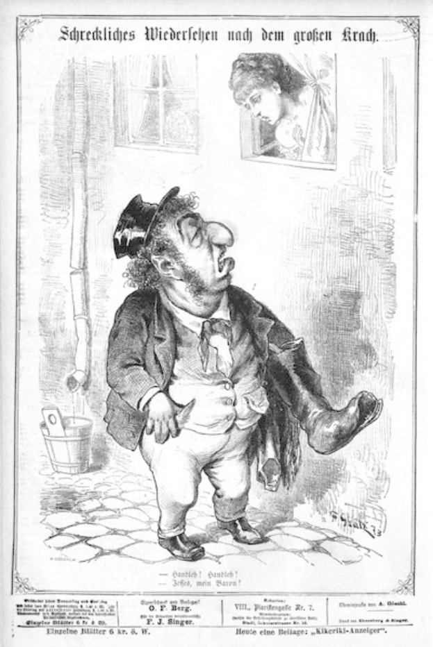 Cartoon-Illustration eines Mannes mit Zylinder und einer Frau in einem Kleid mit einer Wand, einem Fenster, einem Eimer und anderen Gegenständen im Hintergrund, mit der Beschriftung "F. J. Singer, der erste deutsche Politiker, der in den Kongress gewählt wurde" unten.