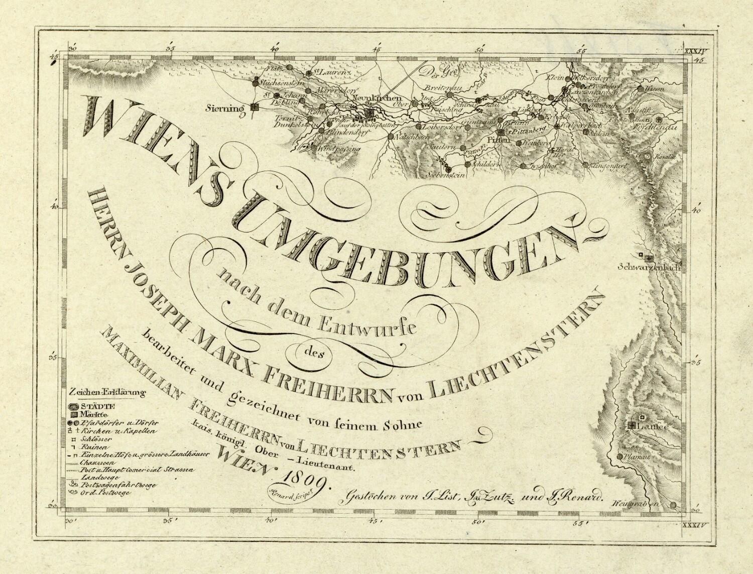 Alte detaillierte Karte von Wien, Deutschland, mit Textanmerkungen, die Städte, Ortschaften, Straßen, Sehenswürdigkeiten und geografische Merkmale zeigen.