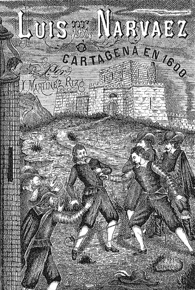 Eine Schwarz-Weiß-Radierung einer Gruppe von Menschen, die vor einer Burg kämpfen, mit einer Wand auf der linken Seite und Text oben.