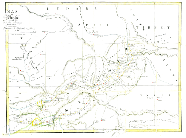 Eine Karte des britischen Empire aus dem 19. Jahrhundert, die die Himalaya-Gebirge hervorhebt und detaillierte Textanmerkungen enthält.