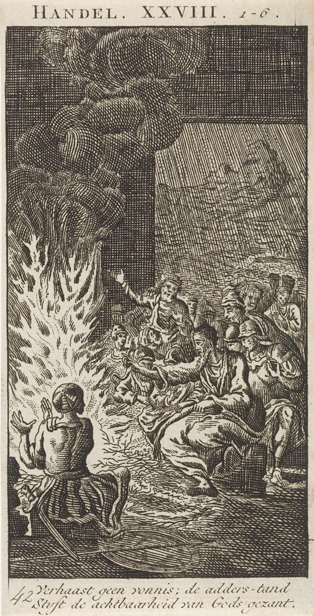 Schwarze und weiße Gravur einer Gruppe von Menschen, die sich um ein Feuer versammelt haben, einige schauen ängstlich nach oben und andere ehrfürchtig nach unten, mit Text oben und unten auf dem Papier.