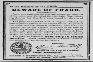 Ein Schwarz-Weiß-Plakat mit einer Betrugswarnung, das den Text 'Carlsbad Spruud Salt' und ein Firmenlogo enthält.