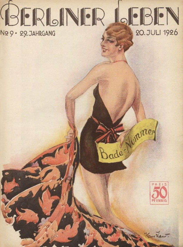 Titelbild der Berliner Leben Zeitschrift vom Juni 1926 mit einer Frau in einem Badeanzug, die ein Tuch hält, und dem Zeitschriftennamen über dem Bild.
