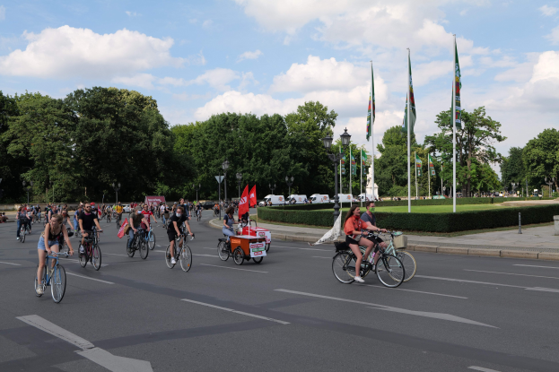 Eine Gruppe von Menschen, die auf Fahrrädern eine von Bäumen gesäumte Straße mit Laternen- und Fahnenmasten entlangfährt, während der Pariser Fahrradtag 2016 stattfindet, mit bewölktem Himmel und ein paar Fahrzeugen im Hintergrund.