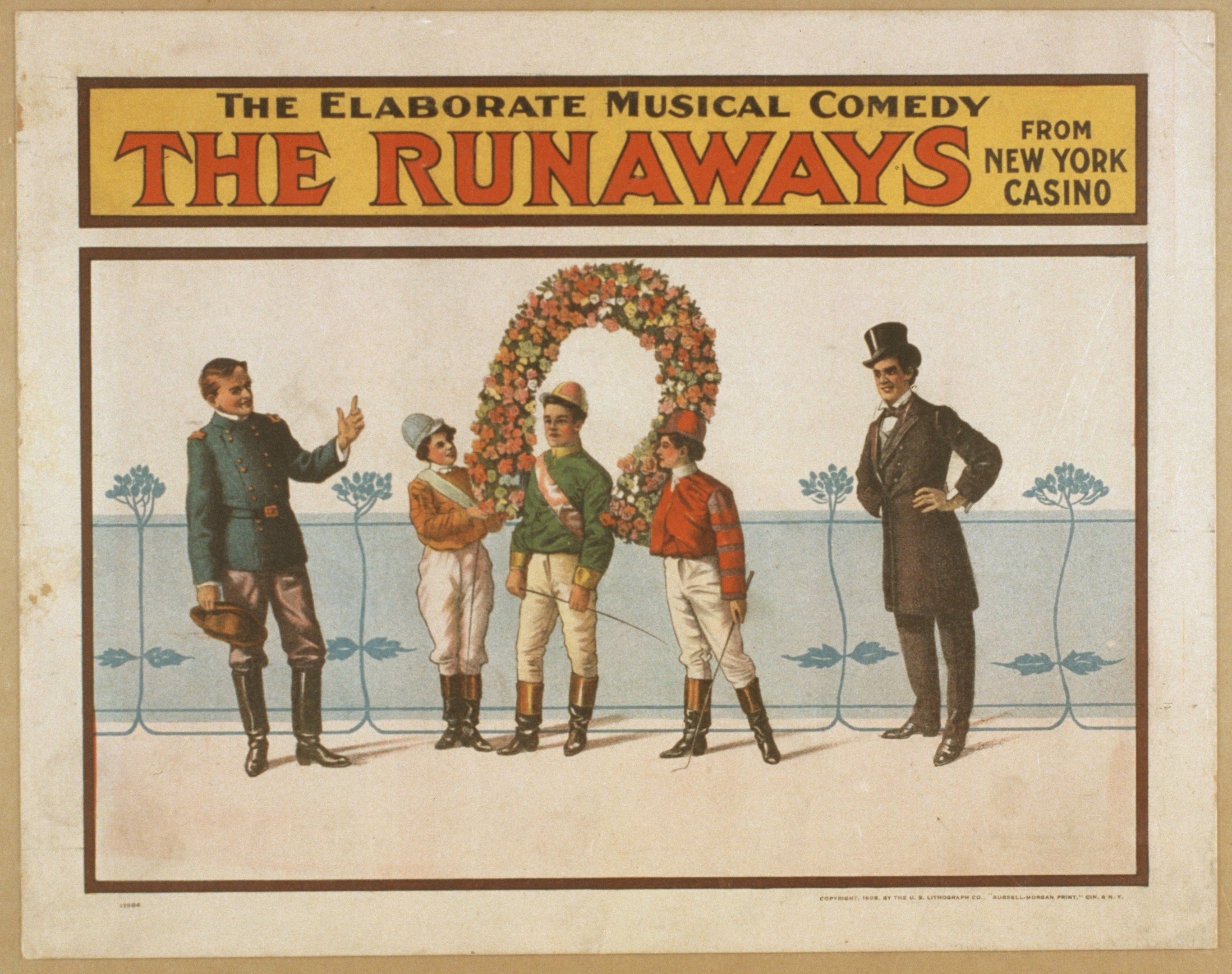 Plakat für "Elaborate Musical Comedy Runaways from New York Casino" mit einer Reihe von Menschen, von denen einer einen Blumenstrauß hält, und Text, der die Show beschreibt.