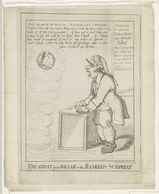 Eine Zeichnung einer Person, die vor einer Kiste steht und ängstlich nach oben schaut, mit der Aufschrift "The Ghost of a Dollar or the Bankers Surprize" darüber.