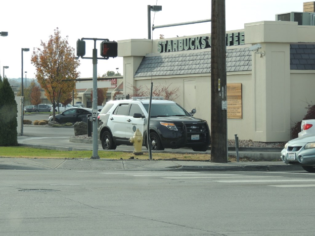 Fahrzeuge auf einer Straße mit Gebäuden, Straßenlaternen, einer an einem Pfahl angebrachten Tafel, einem Feuerhydranten, Bäumen, Gras und Himmel.