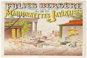 Ein Plakat, das ein Tanzshow in Paris ankündigt, mit einer Gruppe von Menschen im Vordergrund, die tanzen, und einem Gebäude, Bäumen und Himmel im Hintergrund, sowie Text auf dem Plakat.