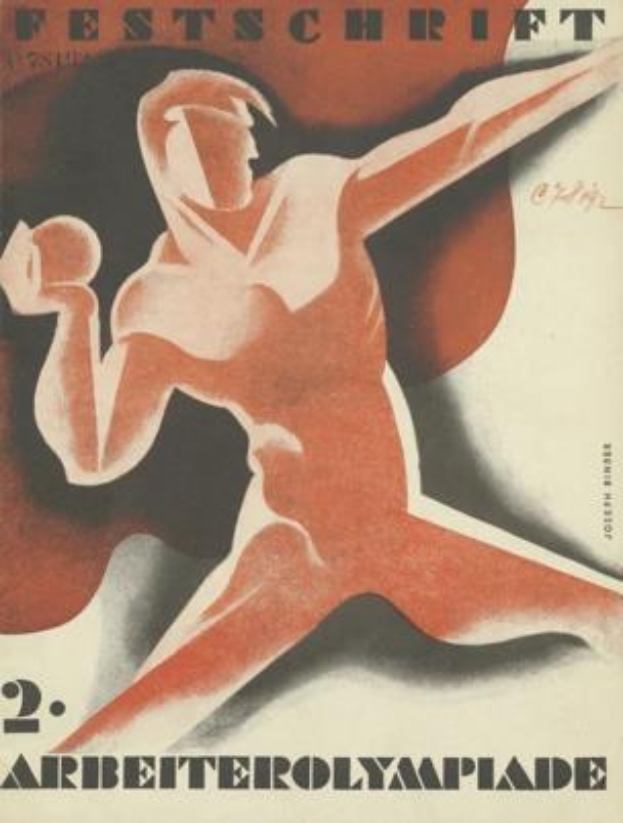 Ein Plakat für die Olympischen Sommerspiele 1932 in Berlin, Deutschland, das eine Person in einem hellgelben Overall mit entschlossener Miene zeigt, umgeben von Text, einschließlich 'Festschrift' in fetter, schwarzer Schrift.