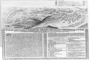 Ein altes Buch mit einer 16. Jahrhundert Schwarz-Weiß-Karte von Heidelberg, Deutschland, mit umgebendem Text.