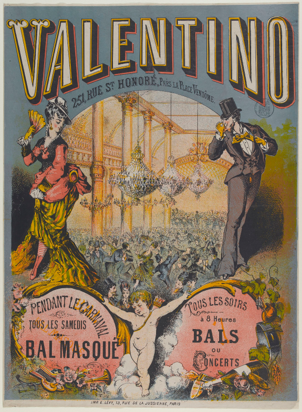 Ein Plakat, das eine Valentinstagsparty in Paris ankündigt, zeigt eine Gruppe von Menschen in bunten Kostümen, einen Kronleuchter und ein Gebäude mit der Aufschrift "Valentino Bal Masque" oben drauf.